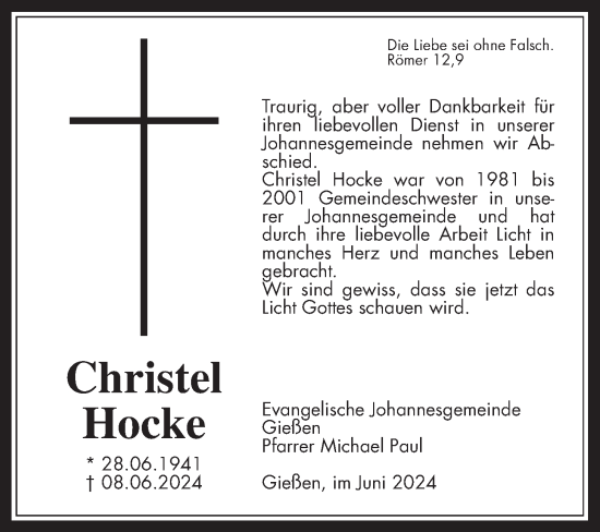 Traueranzeige von Christel Hocke von Giessener Allgemeine, Alsfelder Allgemeine