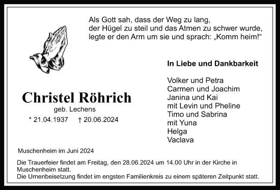 Traueranzeige von Christel Röhrich von Giessener Allgemeine, Alsfelder Allgemeine