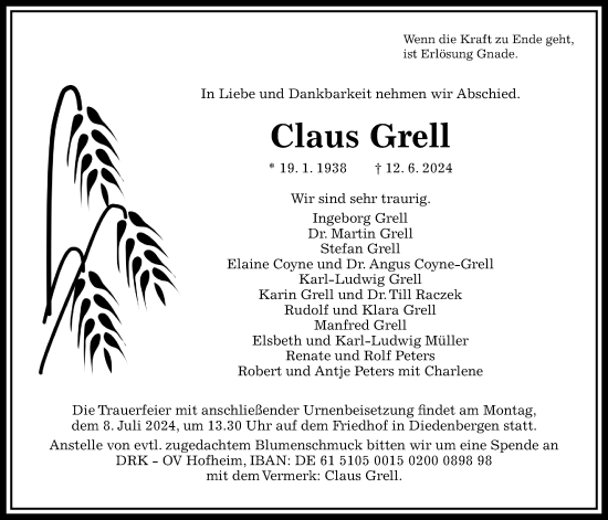 Traueranzeige von Claus Grell 