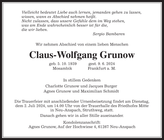 Traueranzeige von Claus-Wolfgang Grunow von Usinger Anzeiger