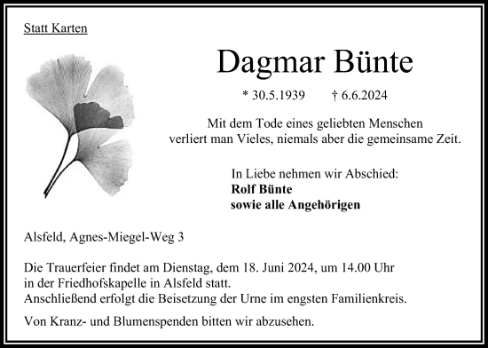 Traueranzeige von Dagmar Bünte von Oberhessische Zeitung