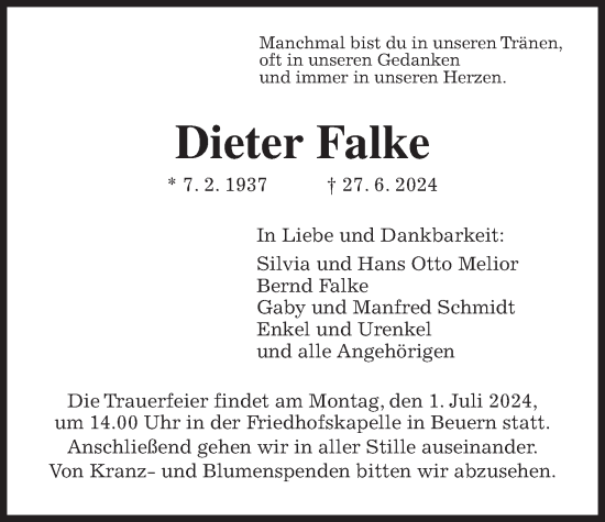 Traueranzeige von Dieter Falke von Giessener Allgemeine, Alsfelder Allgemeine