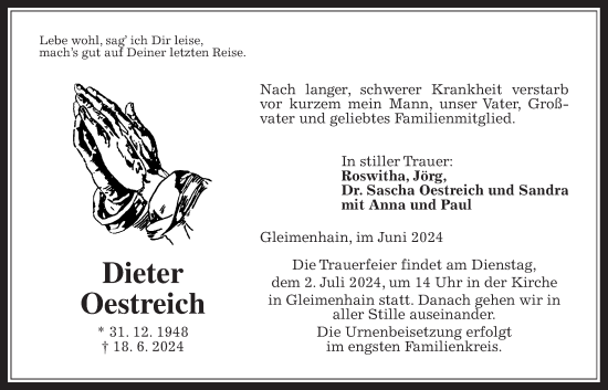 Traueranzeige von Dieter Oestreich von Oberhessische Zeitung