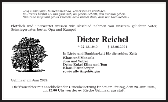 Traueranzeige von Dieter Reichel von Kreis-Anzeiger