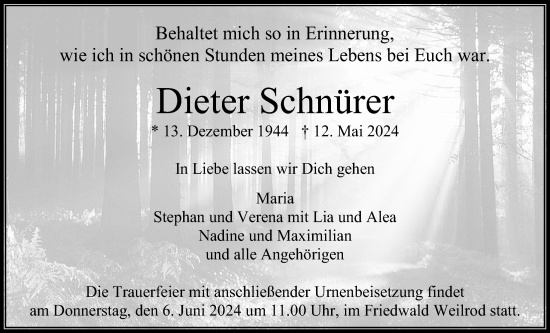 Traueranzeige von Dieter Schnürer von Usinger Anzeiger