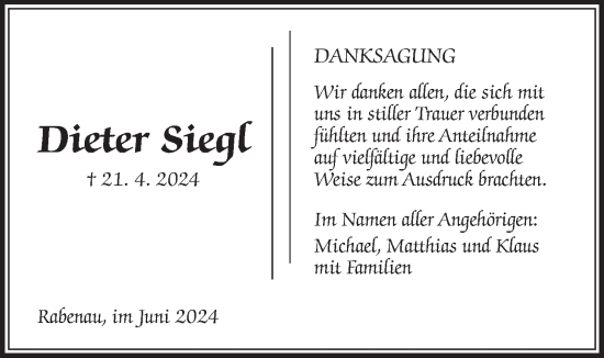 Traueranzeige von Dieter Siegl von Rabenauer Zeitung