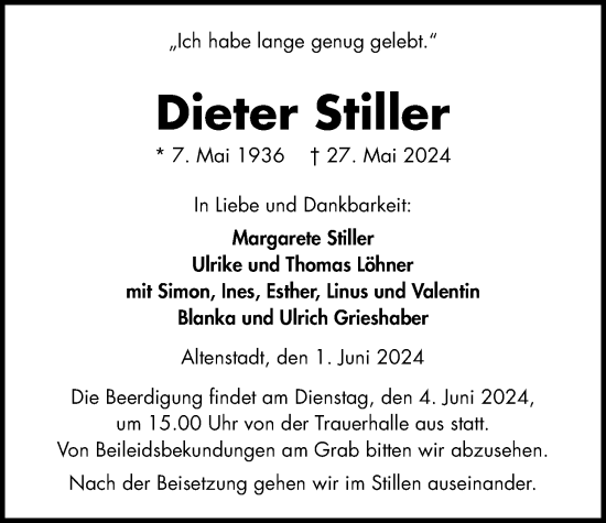 Traueranzeige von Dieter Stiller von Kreis-Anzeiger