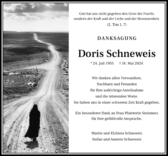 Traueranzeige von Doris Schneweis von Usinger Anzeiger, Usinger Anzeigenblatt