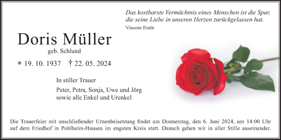 Traueranzeige von Dorothea Müller von Giessener Anzeiger, Giessener Allgemeine, Alsfelder Allgemeine