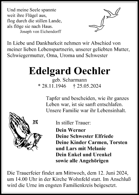 Traueranzeige von Edelgard Oechler von Alsfelder Allgemeine, Oberhessische Zeitung
