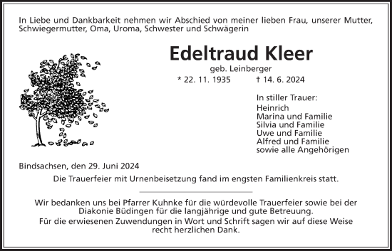 Traueranzeige von Edeltraud Kleer von Kreis-Anzeiger