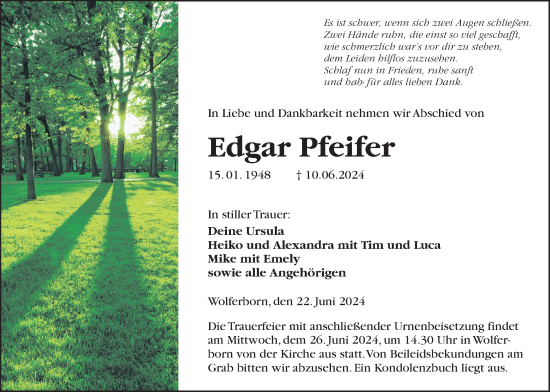 Traueranzeige von Edgar Pfeifer von Kreis-Anzeiger