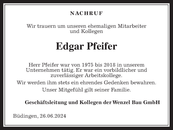 Traueranzeige von Edgar Pfeifer von Kreis-Anzeiger