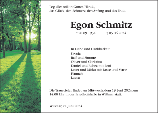 Traueranzeige von Egon Schmitz von Giessener Anzeiger, Giessener Allgemeine, Alsfelder Allgemeine