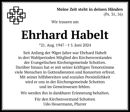 Traueranzeige von Ehrhard Habelt von Kreis-Anzeiger