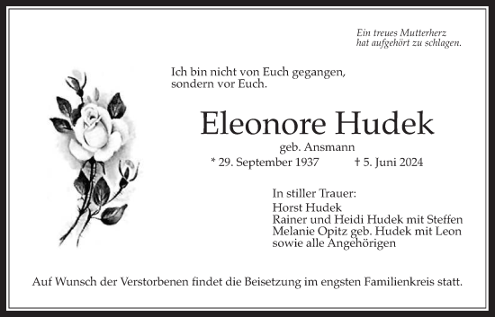 Traueranzeige von Eleonore Hudek von Bad Vilbel/Karben