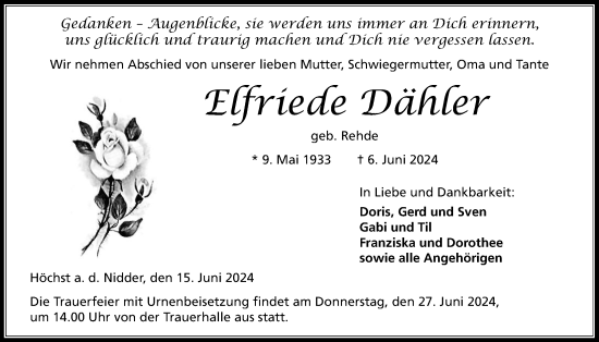Traueranzeige von Elfriede Dähler von Kreis-Anzeiger