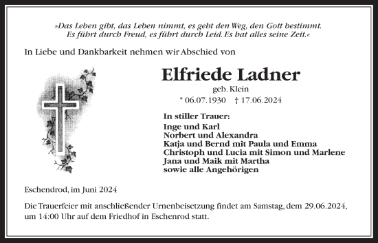 Traueranzeige von Elfriede Ladner von Kreis-Anzeiger