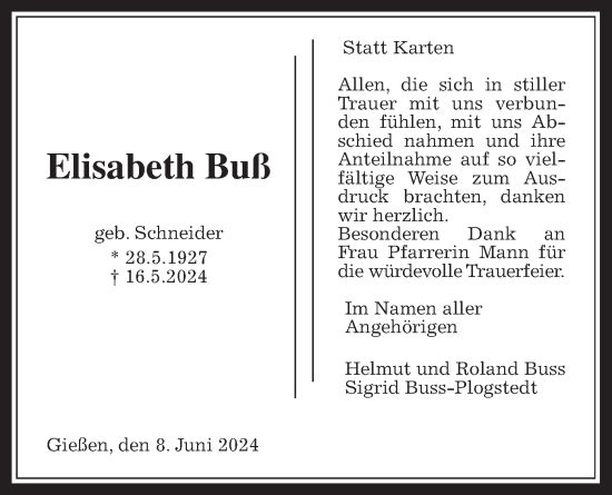 Traueranzeige von Elisabeth Buß von Giessener Allgemeine, Alsfelder Allgemeine