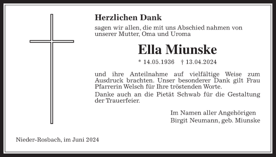 Traueranzeige von Ella Miunske von Wetterauer Zeitung