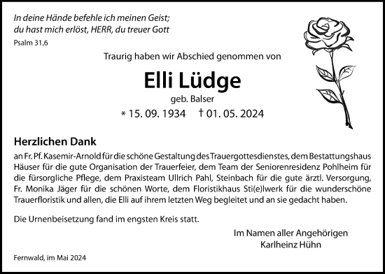 Traueranzeige von Elli Lüdge von Giessener Allgemeine, Alsfelder Allgemeine