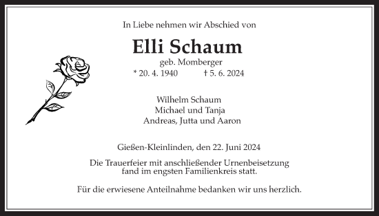 Traueranzeige von Elli Schaum von Giessener Anzeiger