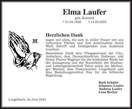 Traueranzeige von Elma Laufer von Oberhessische Zeitung