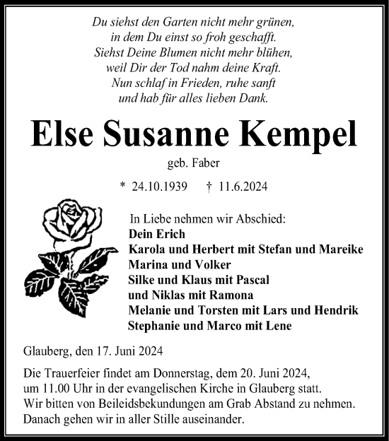 Traueranzeige von Else Susanne Kempel von Kreis-Anzeiger