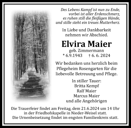 Traueranzeige von Elvira Maier von Butzbacher Zeitung