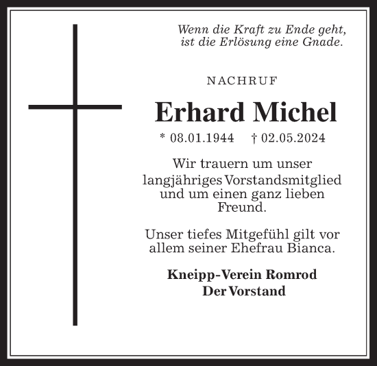 Traueranzeige von Erhard Michel von Oberhessische Zeitung, 