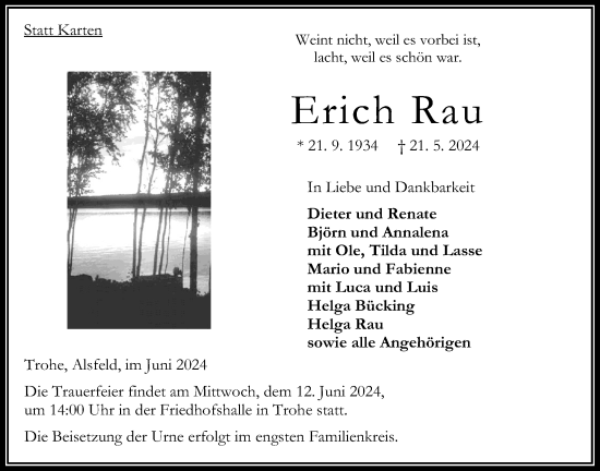 Traueranzeige von Erich Rau von Oberhessische Zeitung, Giessener Allgemeine, Alsfelder Allgemeine