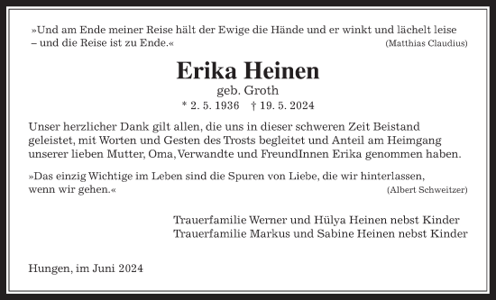 Traueranzeige von Erika Heinen von Licher Wochenblatt