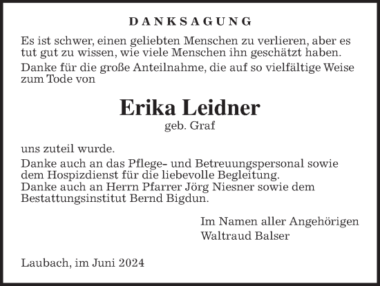 Traueranzeige von Erika Leidner von Laubacher Anzeiger