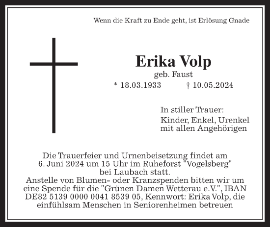 Traueranzeige von Erika Volp von Wetterauer Zeitung, Giessener Allgemeine, Alsfelder Allgemeine, Mücker Stimme, 