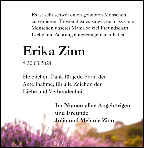 Traueranzeige von Erika Zinn von Lauterbacher Anzeiger