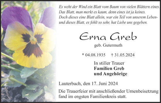 Traueranzeige von Erna Greb von Lauterbacher Anzeiger