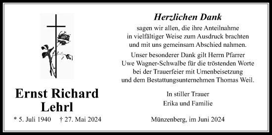 Traueranzeige von Ernst Richard Lehrl von Butzbacher Zeitung