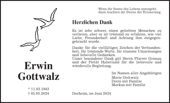 Traueranzeige von Erwin Gottwalz von Wetterauer Zeitung