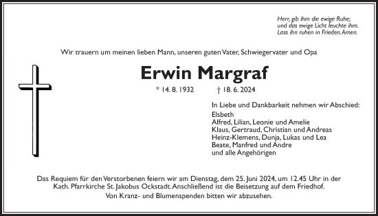 Traueranzeige von Erwin Margraf von Wetterauer Zeitung