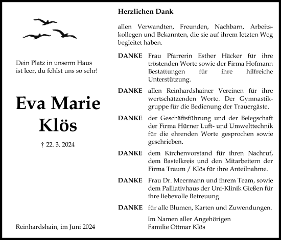 Traueranzeige von Eva Marie Klös von Giessener Allgemeine, Alsfelder Allgemeine