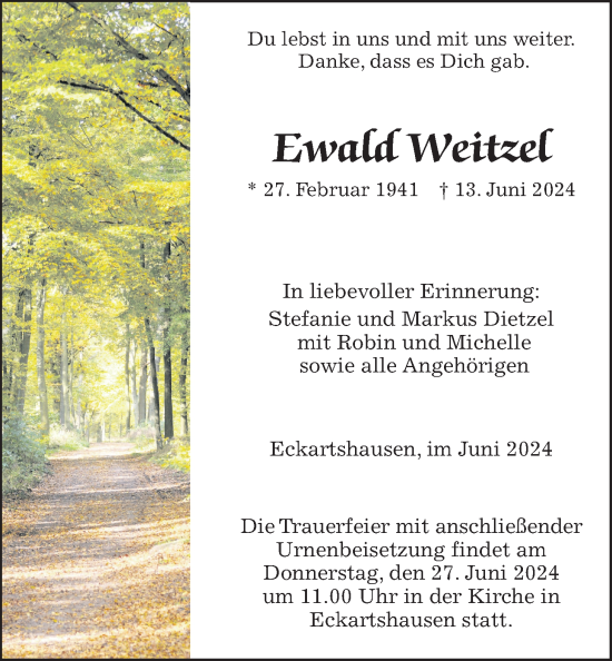 Traueranzeige von Ewald Weitzel von Kreis-Anzeiger
