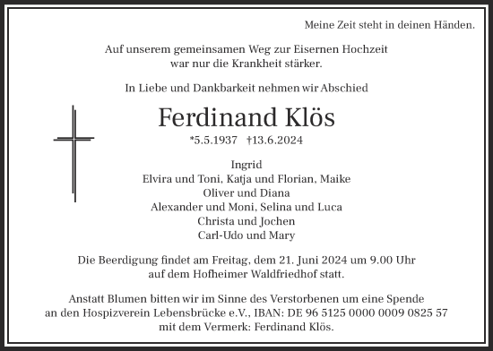 Traueranzeige von Ferdinand Klös 