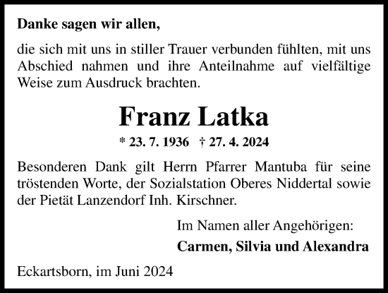 Traueranzeige von Franz Latka von Kreis-Anzeiger