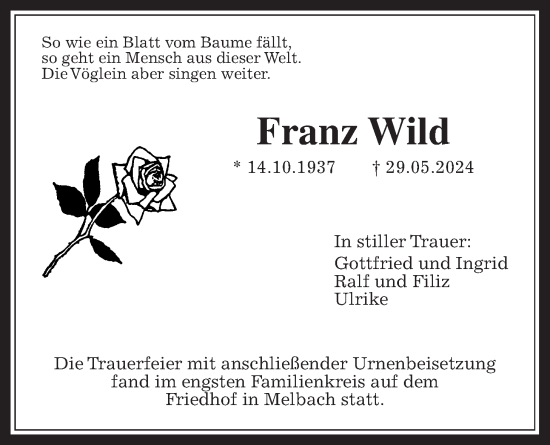 Traueranzeige von Franz Wild von Wetterauer Zeitung