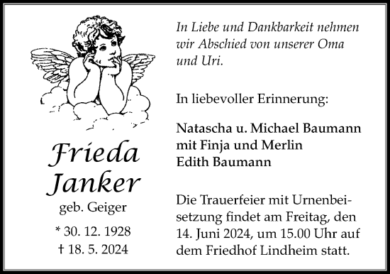 Traueranzeige von Frieda Janker von Kreis-Anzeiger