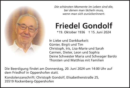 Traueranzeige von Friedel Gondolf von Wetterauer Zeitung, Butzbacher Zeitung