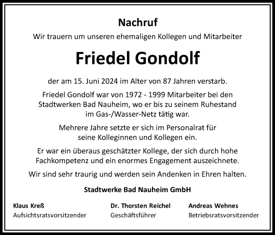 Traueranzeige von Friedel Gondolf von Wetterauer Zeitung, Butzbacher Zeitung