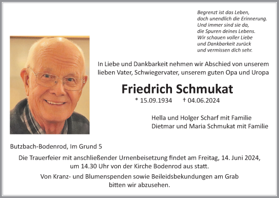 Traueranzeige von Friedrich Schmukat von Butzbacher Zeitung