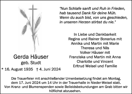 Traueranzeige von Gerda Häuser von Butzbacher Zeitung
