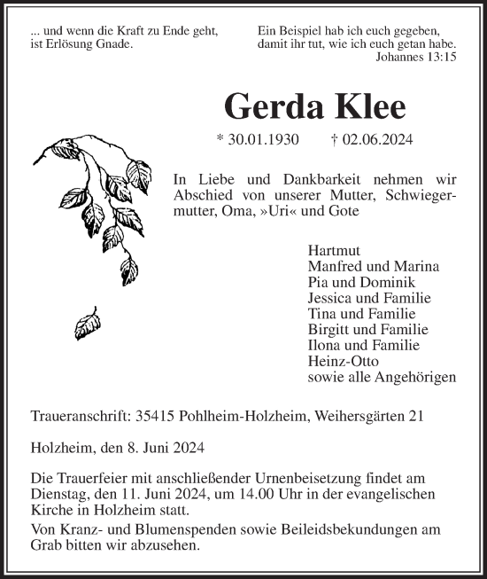 Traueranzeige von Gerda Klee von Giessener Anzeiger